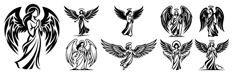 Fototapeta premium Guardian angel collection with various celestial figures in different poses silhouette style