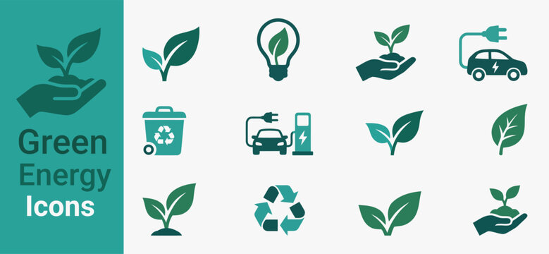 Collection of green energy flat icons featuring leaves lightbulbs recycling and electric vehicle charging concepts