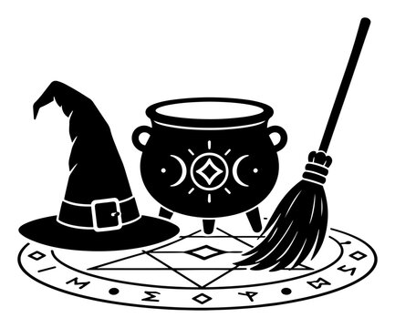 Witch hat with magic cauldron and broomstick on ritual circle in flat vector style