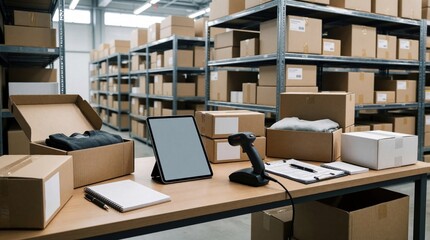Naklejka premium E commerce warehouse inspection station with cardboard boxes tablet and barcode scanner. Logistics retail operations inventory management workflow. Package sorting and shipping process.