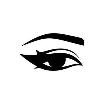 Minimalist female eye icon with winged eyeliner and arched eyebrow, black silhouette of woman eye for beauty salon logo, elegant makeup vector illustration for cosmetic branding