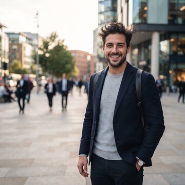 A confident man with a warm smile and stylish attire stands in a bustling urban environment, his gaze directly meeting the camera, embodying modern success and professional ambition.