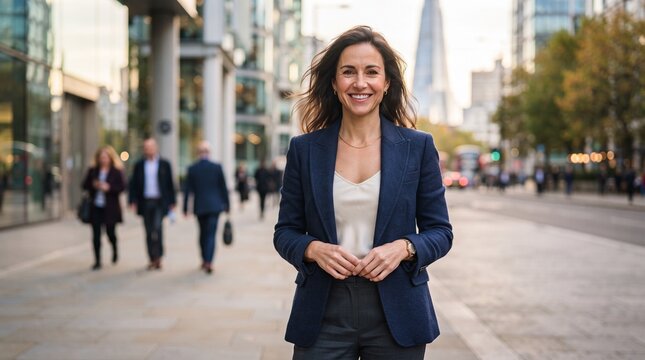 A confident businesswoman stands on a bustling city street, with modern architecture and blurred pedestrians in the background, conveying professionalism and urban energy.
