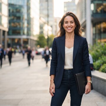 A confident businesswoman, poised and smiling, stands on a bustling city street, her professional attire a sharp contrast to the blurred motion of the urban background, embodying ambition and success.