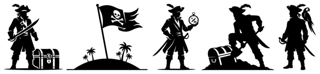 Fototapeta premium Pirate characters and maritime adventure elements silhouette collection in minimalist style