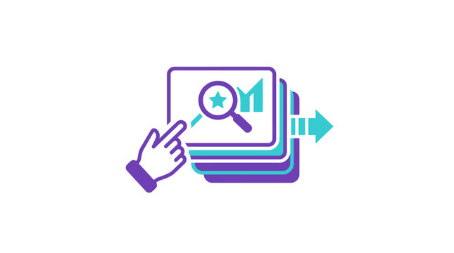 A stylized flat vector icon illustration of a hand pointing at a stack of document pages with a magnifying glass symbol on a clean white background