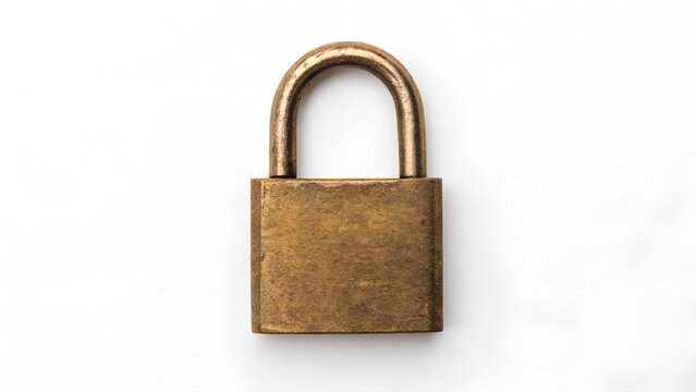 Old weathered brass padlock closed security mechanism with security mechanism protection hardware isolated background weathered industrial protective material engineering