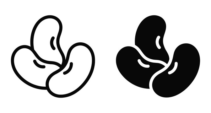 Kidney bean icon set featuring outline and solid black silhouette styles for food packaging healthy diet legume vegetable seed graphic design