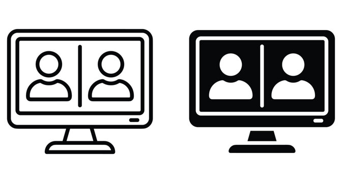 Video conference icon set showing online meeting on computer monitor screen with people avatars for remote work and digital communication