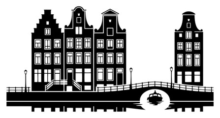Fototapeta premium Traditional Dutch canal houses with arched bridge and boat in Amsterdam black silhouette style
