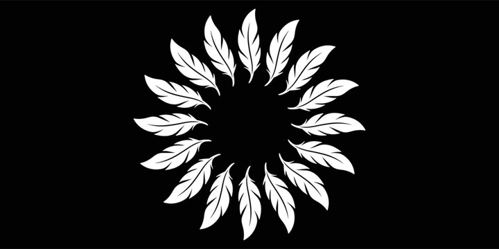 White feather circle frame on black background, abstract circular feather wreath vector illustration, bohemian tribal mandala emblem, minimalist radial plume border design for logo and invitation.
