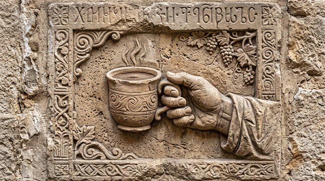 mock antique stone bas-relief sculpture of hand holding coffee cup with decorative border