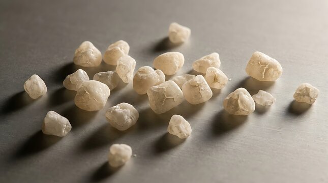 Chitosan granules scattered on a gray surface representing a raw material used for medical and food industry science