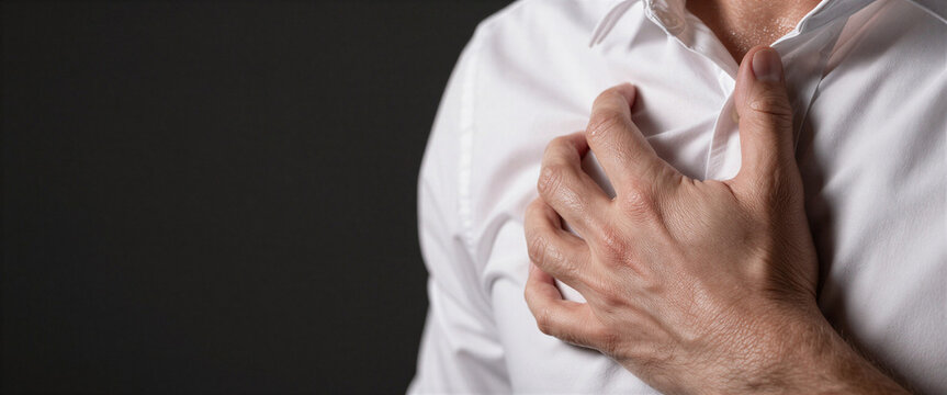 Man in white shirt clutching his chest in sudden pain for heart attack and cardiac arrest medical emergency concept with copy space on dark background