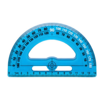Blue transparent plastic protractor for geometry, 180 degree semi-circle angle measuring tool, school stationery and drafting equipment on white