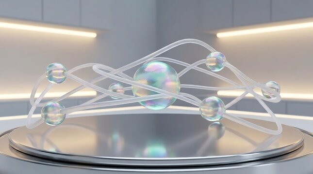 Chitosan molecular structure representation with iridescent spheres representing polymer bonds in a laboratory setting