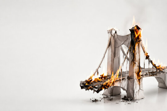 Burning paper suspension bridge collapses on white background. Space for text.