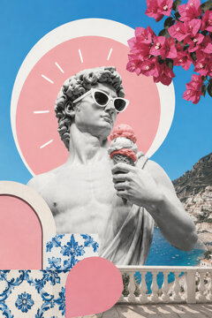 Stylish Greek and Italian holiday poster collage featuring marble statue with ice cream