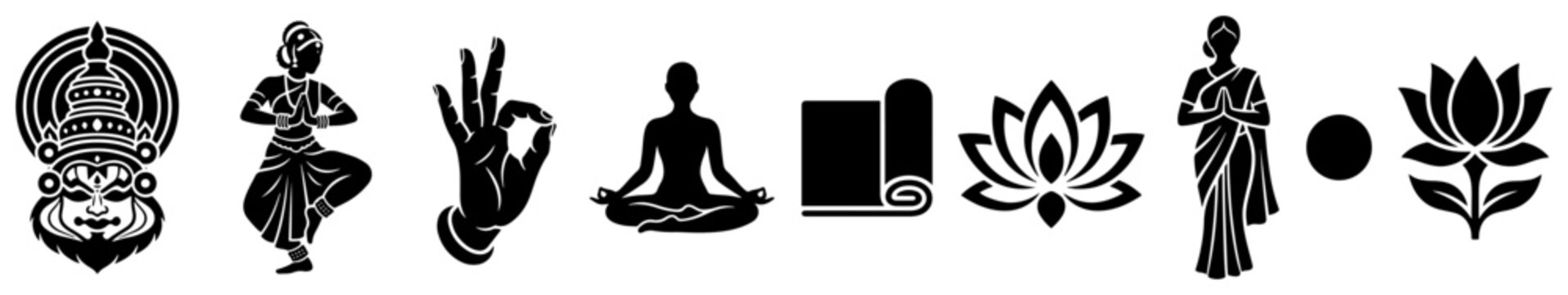 Indian spirituality and yoga elements with meditating person mudra and lotus flower silhouettes