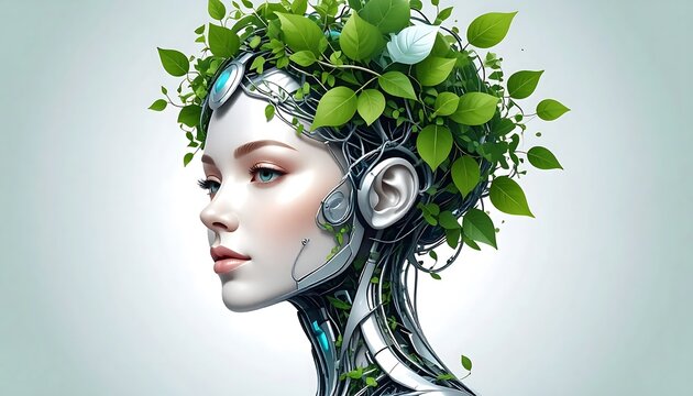 Portrait of a woman with green ivy wrapped around her head.