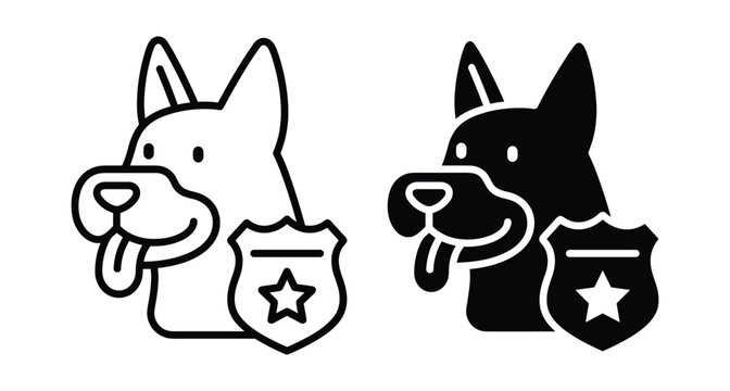 Police dog k9 unit icon set featuring german shepherd head with law enforcement badge star symbol in outline and solid