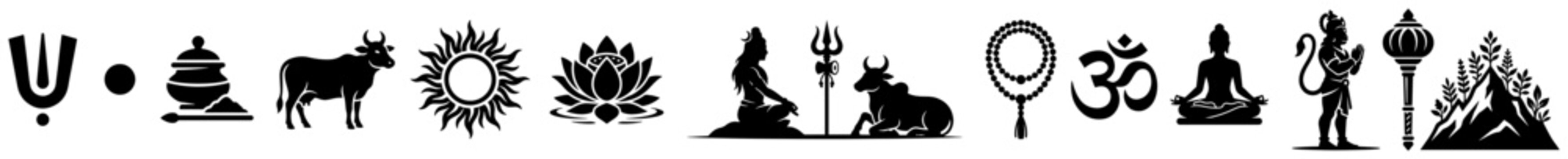 Hindu spiritual symbols including meditating sadhu Om sign and sacred elements black silhouettes