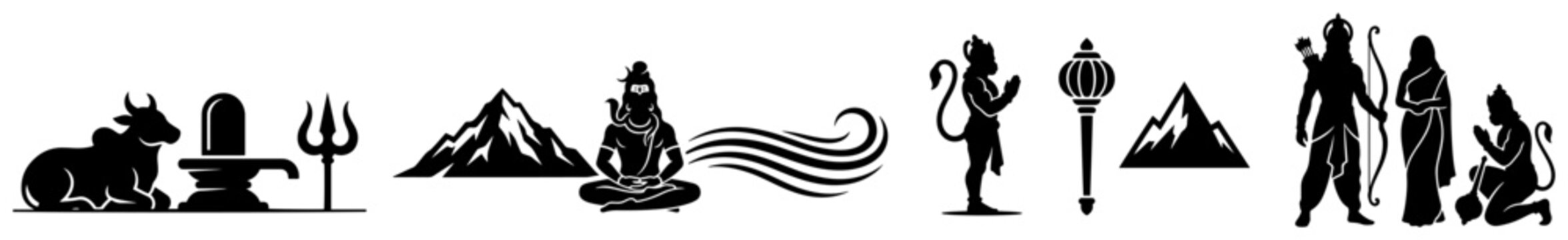Hindu mythology scenes showing meditating shiva hanuman and ramayana characters black silhouettes