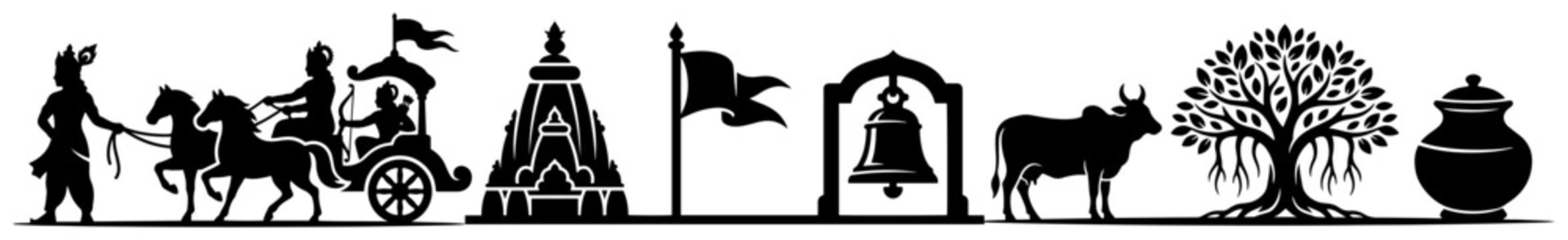 Mahabharata chariot with krishna and arjuna alongside hindu temple and sacred symbols black silhouettes