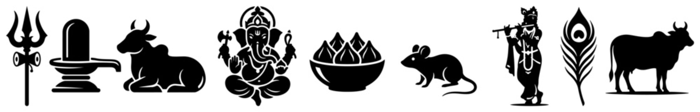 Hindu deity symbols featuring Shiva lingam Ganesha and Krishna with sacred animals black silhouette collection