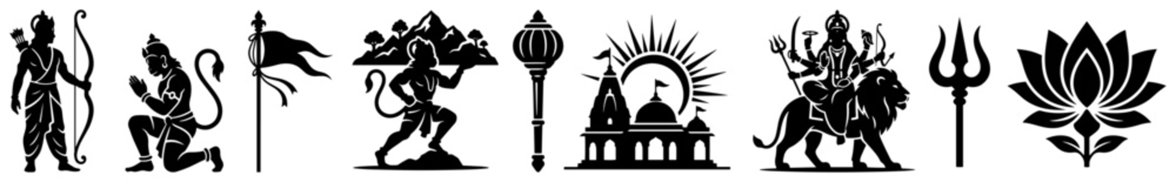 Ramayana epic characters Rama and Hanuman alongside Goddess Durga and temple black silhouette icons