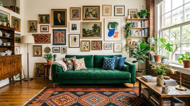 Cozy living room with eclectic art and green sofa
