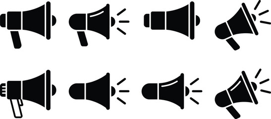 Set of eight black megaphone flat of handheld loudspeakers for communication, marketing, and alert symbols © Alo