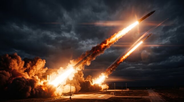 Two Missiles Launching with Fiery Exhaust Trails Night Military Defense System