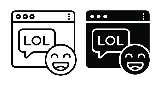 Web browser window with LOL speech bubble and laughing emoji face icon set for social media and online chat communication