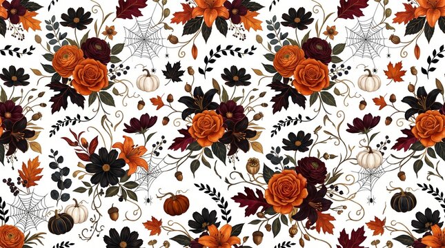 Halloween Pumpkin and Autumn Leaves All Over Print Pattern with Orange Flower