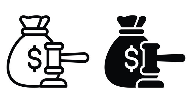 Money bag with dollar sign and judge gavel icon representing legal fees court fines financial settlement justice system and litigation costs