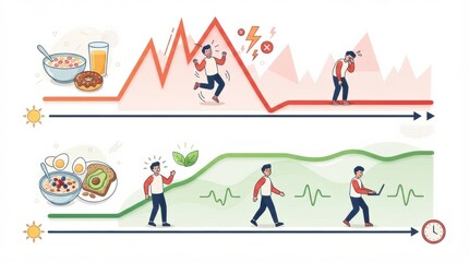 Fototapeta premium Graphic shows a comparison between the effects of sugar junk food and healthy foods on energy levels and well-being over time.
