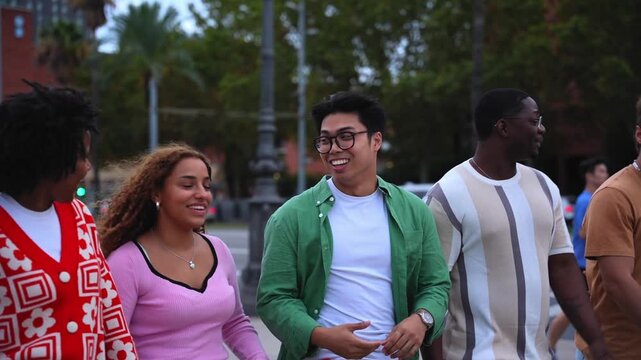Diverse multicultural group young millennial friends walking hugging along urban street palm trees. University people laughing strolling outside on way to campus. Concept cheerful students together. 