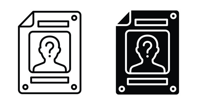 Wanted poster icon set featuring anonymous person silhouette with question mark symbol for missing person or criminal search identification