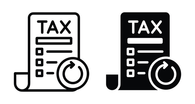 Tax return document icon set showing financial report with refresh arrow symbol for annual accounting business filing and refund process
