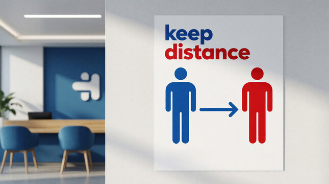 Social distancing sign on white wall inside modern medical clinic facility. Blue red graphic poster shows human figures with arrow for safety precaution. Medical interior space with reception desk in