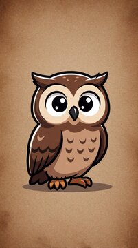 Small cartoon owl with large eyes stands on plain brown textured paper background. Cute baby bird character shows simple design style for kids education book illustration. Whimsical woodland creature