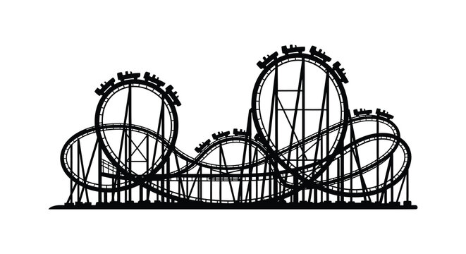 A detailed black and white silhouette illustration of a large steel roller coaster featuring multiple loops and steep drops