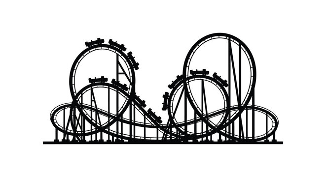A simple black and white line drawing showing a large roller coaster with multiple loops and tracks against white background