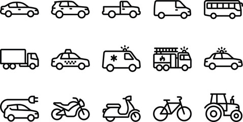Set of various transportation vehicle line icons including cars trucks emergency vehicles and public transit options © sharmin