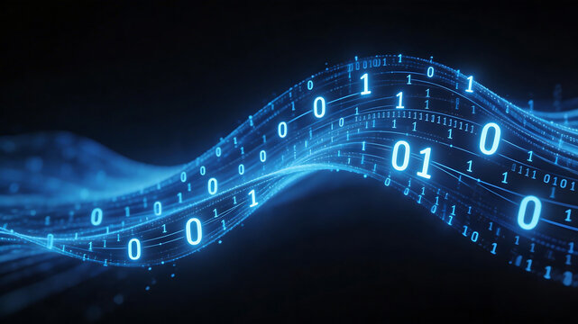 Binary code wave on dark background