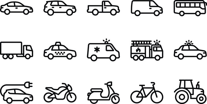 Set of various transportation vehicle line icons including cars trucks emergency vehicles and public transit options