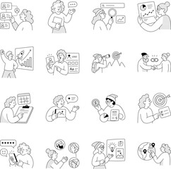 Fototapeta premium Business marketing illustrations covering CRM, research, growth, branding, partnerships, campaign planning, storytelling, customer feedback, community, global outreach. 