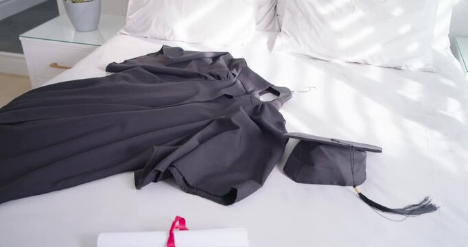 Sunlight is shifting as sun moves, casting bands across black graduation gown, cap, diploma on bed