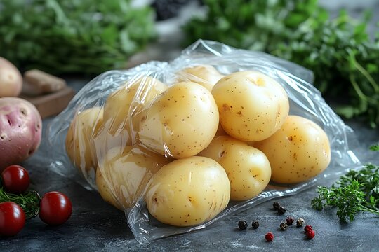 Fresh raw potatoes in a transparent plastic bag on a dark rustic kitchen table with vegetables